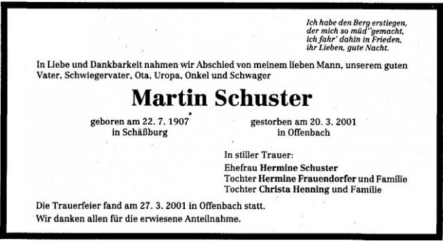 Schuster Martin 1907-2001 Todesanzeige